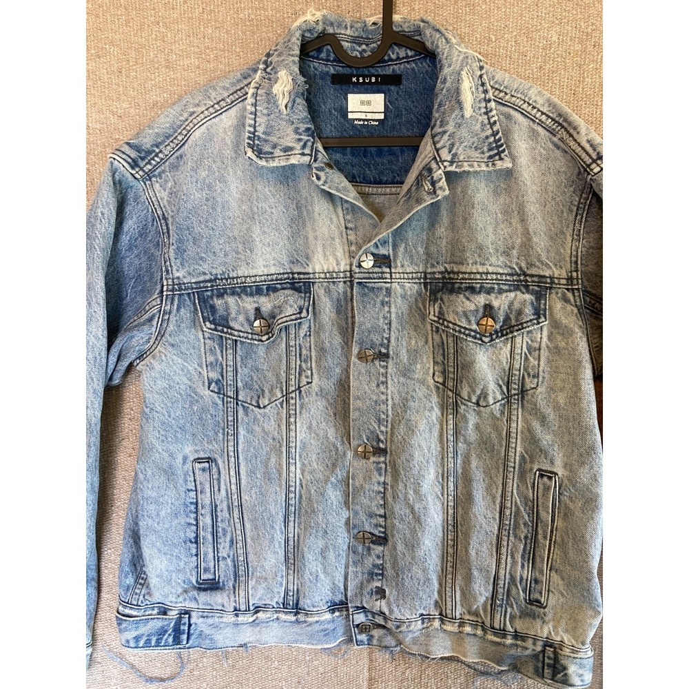 Mens  Sz Small KSUBI Distressed Jeans Denim Jacket Light Wash Rocker - Picture 4 of 10